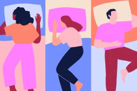 An illustration of three people lying in three single beds in various sleeping positions: A woman on her stomach, another woman on her side, and a man on his back