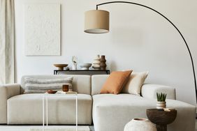 Creative composition of cozy living room interior design with mock up poster frame and structure painting, corner sofa, coffee table, textile and personal accessories. Scandinavian classic style.