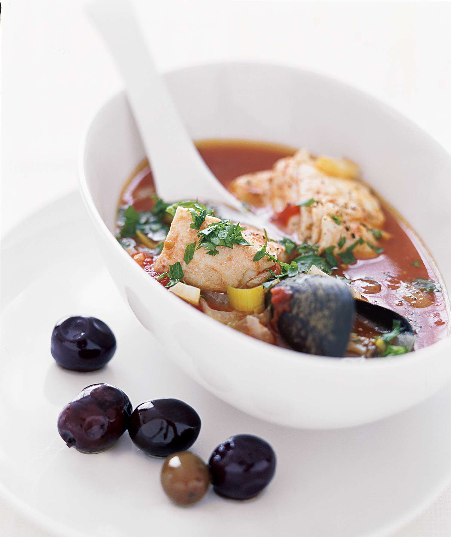Fishermen's Soup in a White Bowl With a Small White Ladle Spoon