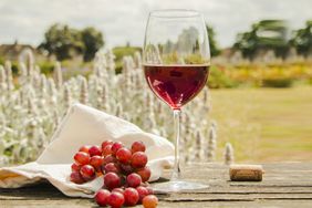 Red Grapes With Wineglass On Wooden Table in a Field