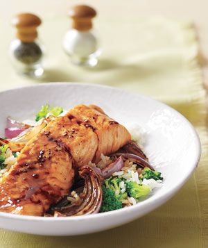 Broiled Glazed Salmon Served Over Rice With Broccoli