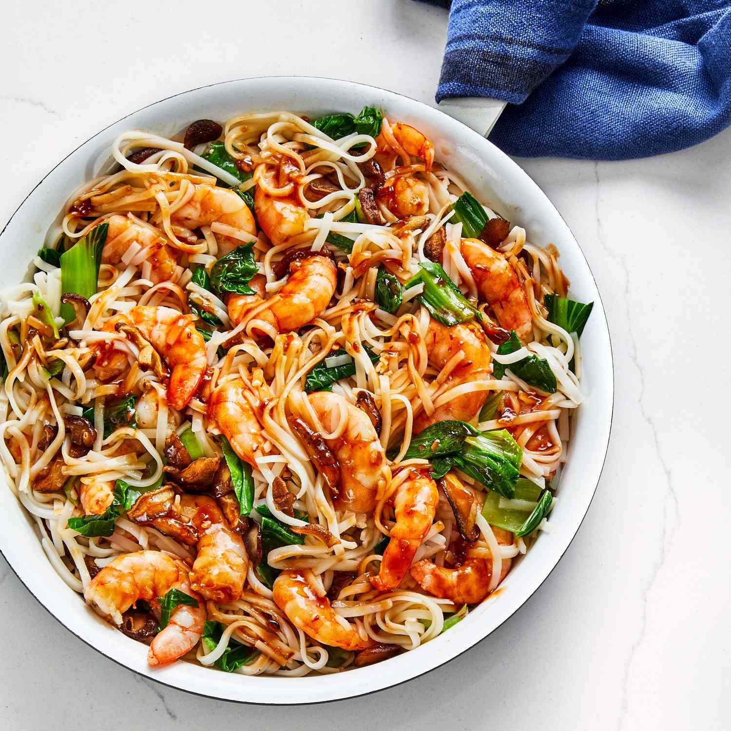 Saucy Shrimp and Noodle Stir-Fry Served in a Large White Bowl