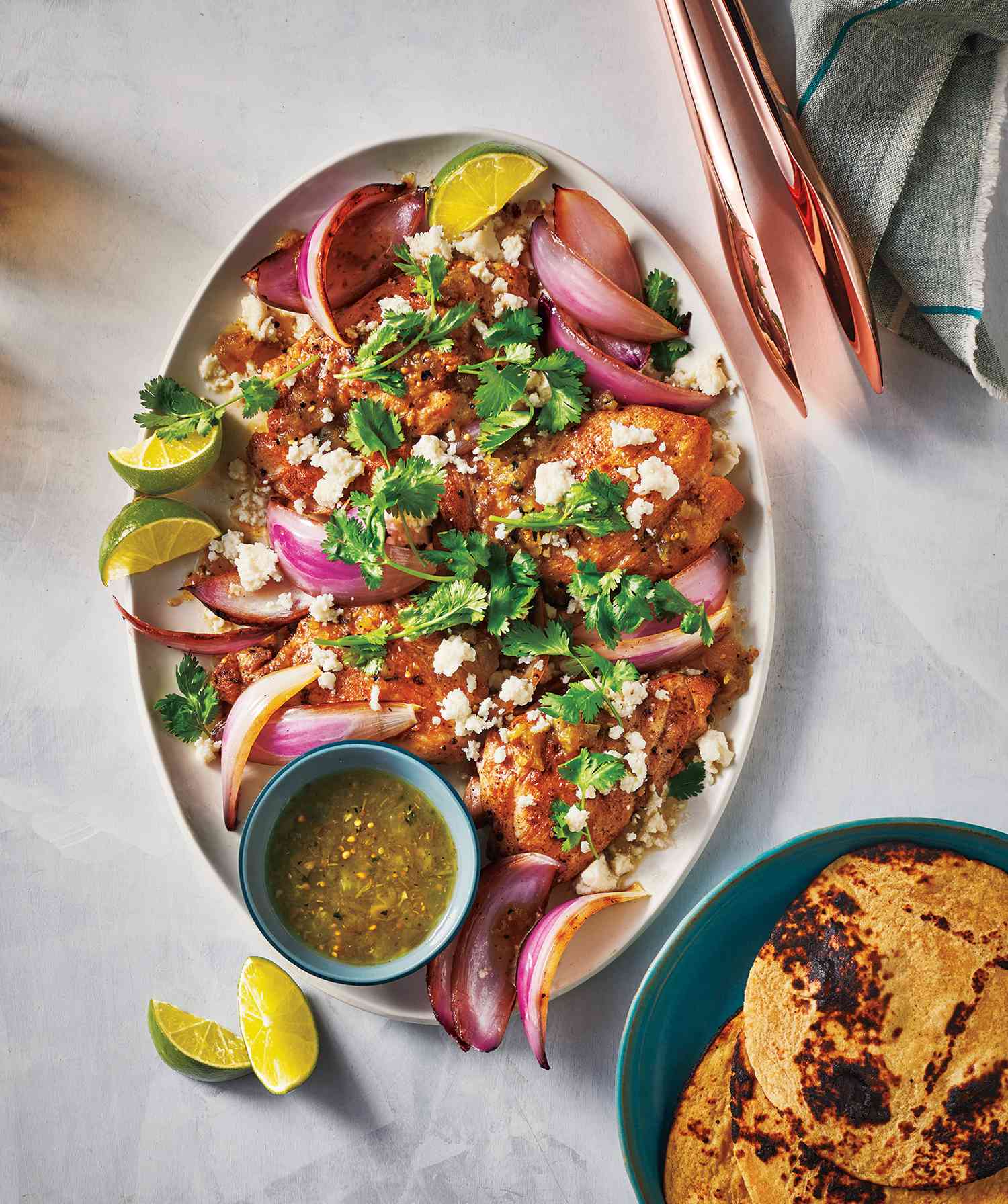 Sheet Pan Chicken Thighs With Salsa Verde Served With Warm Tortillas
