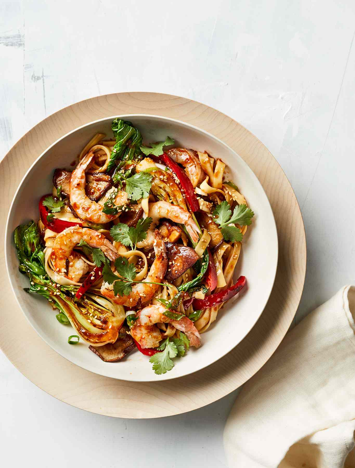 Shrimp Lo Mein With Vegetables Served in a Large White Bowl